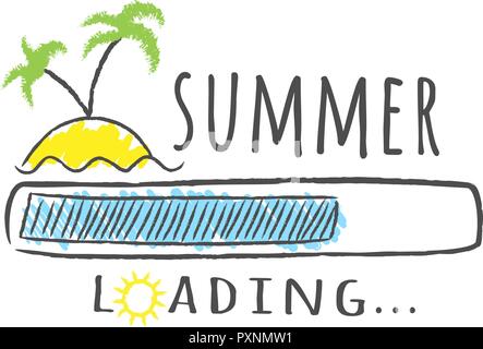Progress bar with inscription - Summer loading and palms on the beach in sketchy style. Vector illustration for t-shirt design, poster or card. Stock Vector