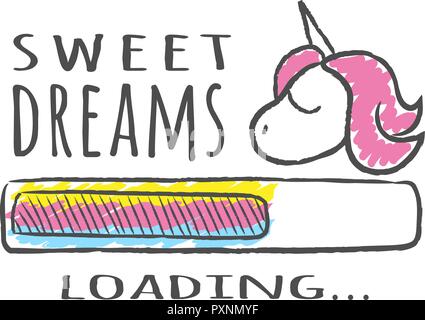 Progress bar with inscription - Sweet Dreams loading and unicorn in sketchy style. Vector illustration for t-shirt design, poster or card. Stock Vector