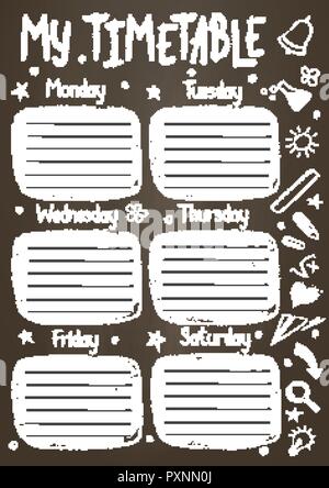 School timetable template on chalk board  with hand written chalk text. Weekly lessons shedule in sketchy style decorated with hand drawn school doodl Stock Vector