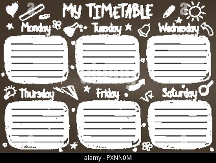 School timetable template on chalk board  with hand written chalk text. Weekly lessons shedule in sketchy style decorated with hand drawn school doodl Stock Vector
