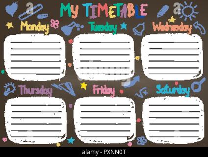 School timetable template on chalk board  with hand written colored chalk text. Weekly lessons shedule in sketchy style decorated with hand drawn scho Stock Vector