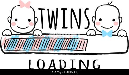 Progress bar with inscription - Twins loading and newborn boy    and girl smiling faces in sketchy style. Vector illustration for t-shirt design, post Stock Vector