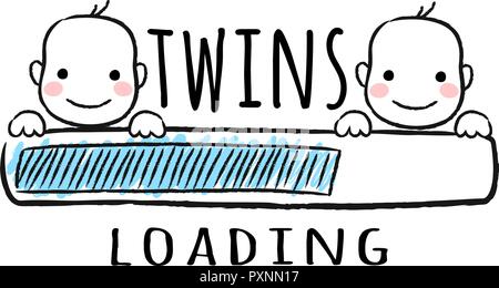 Progress bar with inscription - Twins loading and newborn boys smiling faces in sketchy style. Vector illustration for t-shirt design, poster, card, b Stock Vector