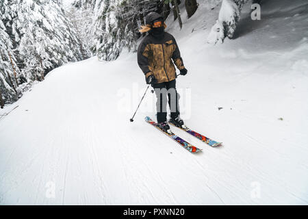 Portrait of happy young woman skiing in winter forest Stock Photo