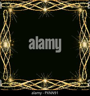 Golden decoration frame with sparkles and highlights, template for a Christmas, New Year card, Golden borders in the shape of a square on a dark backr Stock Vector