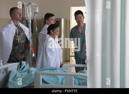 From left, U.S. Army Sgt. 1st Class Kenneth Thomas, noncommissioned officer in charge, Department of Family Medicine, Tripler Army Medical Center; U.S. Army Capt. Eric Atencio, clinical staff nurse Critical Care Services; and U.S. Army Col. Takako 'Lei' Barrell, director, Critical Care Services, Tripler Army Medical Center; observe as a nurse from the Mongolian Armed Forces checks on a patient in the Military Medical Center's Intensive Care Unit June 7. This was part of a Nursing and Medical Logistics Subject Matter Expert Exchange between the two nations that took place June 5 to 9 in Ulaanba Stock Photo