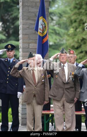 Belgian World War II veterans, participate in the Battle of the Bulge memorial ceremony in Memorial du Mardasson, Bastogne, Belgium, June 02, 2017. Stock Photo