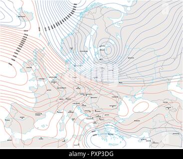 imaginary meteorological vector weather map of europe. Stock Vector