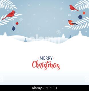 Merry Christmas greeting card, banner and background in elegant, modern and classic style with winter landscape Stock Vector