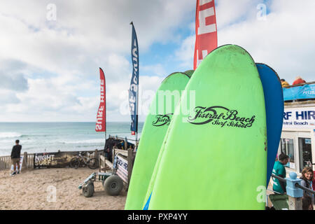 Surfboards for hire at Fistral in Newquay in Cornwall. Stock Photo