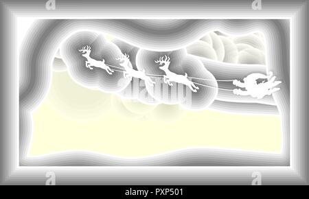 Santa,without sleigh, flying on sky move by reindeer, paper art style on yellow background, vector illustration. Stock Vector