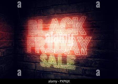 Black Friday Sale neon sign on brick wall, abstract 3d rendering illustration Stock Photo