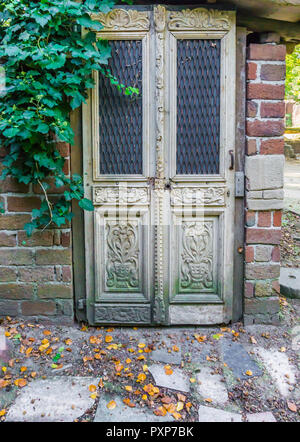 beautiful antique baroque house door entrance with ivy leaves on the wall Stock Photo