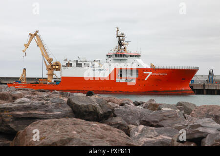 Normand Subsea, a Norwegian offshore supply ship moored in the harbour at Scrabster, Caithness, Scotland Stock Photo