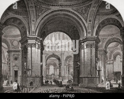 Interior of St. Paul's Cathedral looking east as it would have been after Wren's first design.  From London Pictures, published 1890. Stock Photo