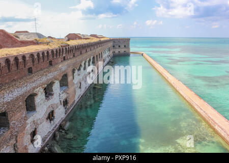 Aerial view of Fort Jefferson on the Caribbean sea of the Gulf of Mexico. Dry Tortugas National Park is 70 miles from Key West in Florida and can be reached by ferry or seaplane. Stock Photo