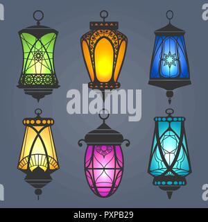 Arabic lantern set. Light islamic lanterns, antique heritage vector arab light lamps for ramadan kareem Stock Vector