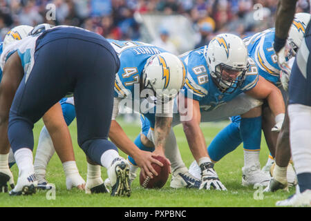 21st October 2018 LONDON, ENG - NFL: OCT 21 International Series - Titans at Chargers  Los Angeles Chargers Long Snapper Mike Windt (47) and Los Angeles Chargers Offensive Guard Dan Feeney (66)- Credit Glamourstock Stock Photo