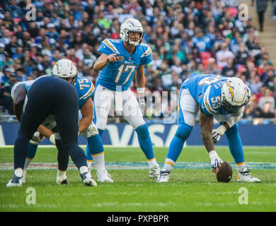 21st October 2018 LONDON, ENG - NFL: OCT 21 International Series - Titans at Chargers Los Angeles Chargers Quarterback Philip Rivers (17) and Los Angeles Chargers Center Mike Pouncey (53) - Credit Glamourstock Stock Photo