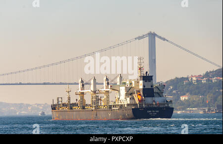 Istanbul, Turkey, September 23., 2018: The ship Xing Ru Hai, a Chinese bulk carrier, under the Bosporus Bridge on its way from the Mediterranean to th Stock Photo