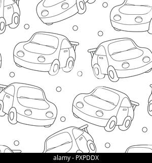Seamless coloring pattern. Black and white background with funny baby car Stock Vector