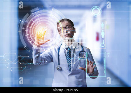 doctor holding hand on touch screen to calling digital patient data from server, digital medical technology concept, illustration screen or hologram t Stock Photo