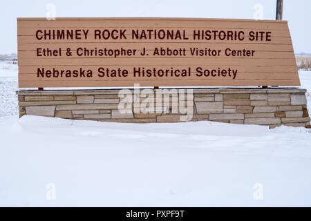 DECEMBER 31 2017 - BAYARD, NE: The Chimney Rock National Historic Site Visitors center during a winter snowstorm. Inside is a museum explaining the ro Stock Photo