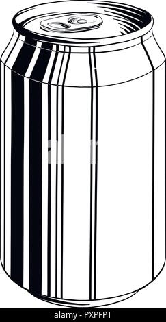 Hand drawn sketch of aluminum can in black isolated on white background. Detailed vintage style drawing, for posters, decoration and print.. Vector illustration Stock Vector