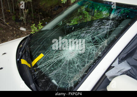 Cracked windshield on car with a fine Stock Photo