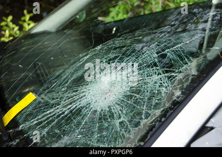 Cracked windshield on car with a fine Stock Photo