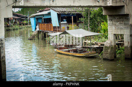 Empty Canal Boats in residential area Stock Photo