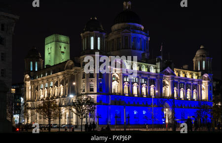 Mersey Dock and Harbour Board Building, on Liverpool's Pier Head, with the Queensway Tunnel ventalation shaft behind. Image taken in October 2018. Stock Photo