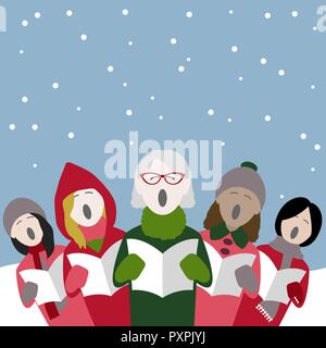 group of female singers singing Christmas carols in the snow Stock Vector