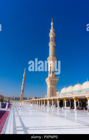 MEDINA-CiRCA 2014 : Exterior view of minarets of a mosque top floor masjid Al Nabawi in Madinah, Saudi Arabia Stock Photo