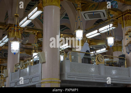 MEDINA, SAUDI ARABIA-CIRCA 2014 : A muazzin (call for prayer) inside Masjid Al Nabawi in Al Madinah, Kingdom of Saudi Arabia, Stock Photo