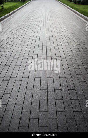 Pavement of granite tiles and green grass on the lawn Stock Photo