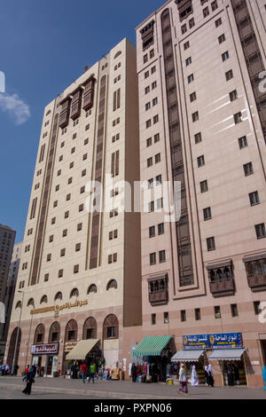 MEDINA, SAUDI ARABIA-CIRCA 2014: Street view of hotels near Nabawi mosque in AlMadinah, Saudi Arabia. Stock Photo