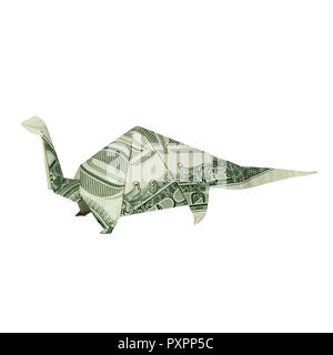 Money Origami APATOSAURUS BRONTOSAURUS Dinosaur Folded with Real One Dollar Bill Isolated on White Background Stock Photo