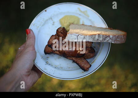 Female hand holding plate with grilled sausages in the garden Stock Photo