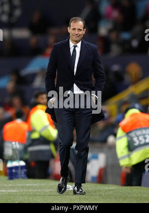 Juventus head coach Massimiliano Allegri leaves the touchline at half-time during the UEFA Champions League match at Old Trafford, Manchester. Stock Photo