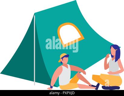 woman and camping tent over white background, vector illustration Stock ...