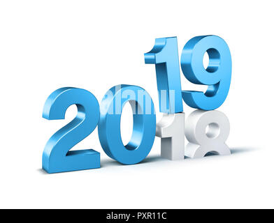Blue New Year date number 2019 above 2018, isolated on white - 3D illustration Stock Photo