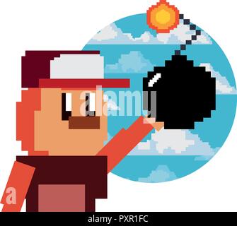 character holding bomb danger video game vector illustration Stock Vector