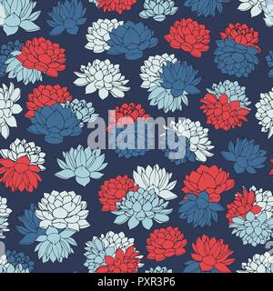 Colorful hand drawn vector lilies seamless pattern in white, red and blue colors on dark navy background. Vintage floral design. Stock Vector