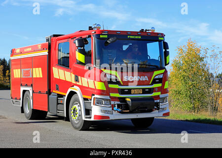 Lieto, Finland - October 19, 2018: Scania P370 CrewCab fire truck on Scania Urban Tour 2018 in Turku. Scania's new truck generation is now complete. Stock Photo