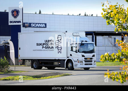 Lieto, Finland - October 19, 2018: White Scania P250 B4X2NB delivery truck with new 7-litre diesel engine test driven on Scania Urban Tour 2018 Turku. Stock Photo