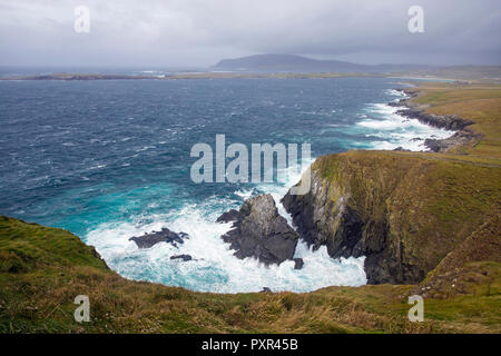 View across West Voe of Sumburgh, Sumburgh in westerly gale, Shetland, Scotland, UK Stock Photo