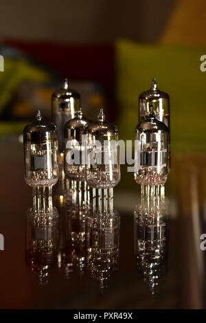 Tubes for guitar amplifier 12AX7 - ECC83 and EL84 type. Vacuum electron tubes closeup. Stock Photo