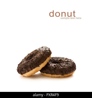 Donuts in chocolate glazed with chocolate chips isolated on the white background, seamless pattern, top view, flat lay Stock Photo