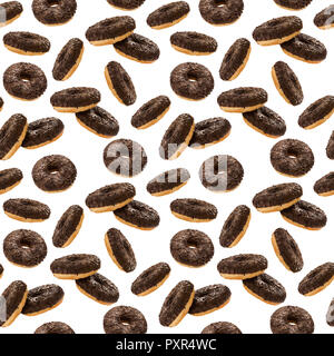 Donuts in chocolate glazed with chocolate chips isolated on the white background, seamless pattern, top view, flat lay Stock Photo